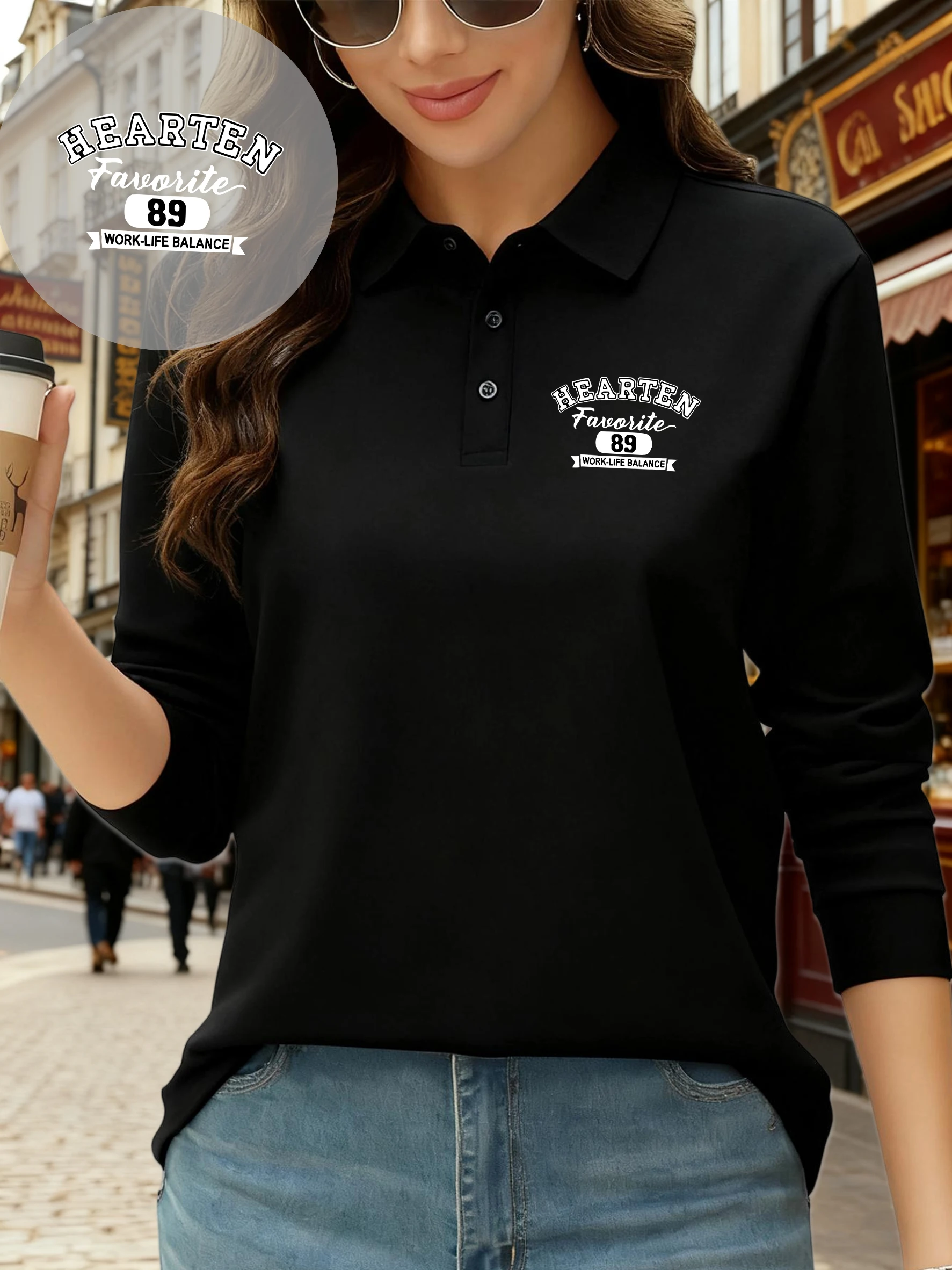 

Hearten Number 89, рубашки поло с художественным буквенным дизайном, женские флисовые футболки с лацканами для гольфа, универсальная повседневная осенняя одежда с длинными рукавами