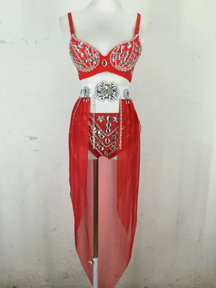 Sexy Nightclub Bar DJ Pole Dance Costume Pink Purple Crystal Bikini Mesh Trailing Party Show Rave Outfit Belly Dance Stage Wear