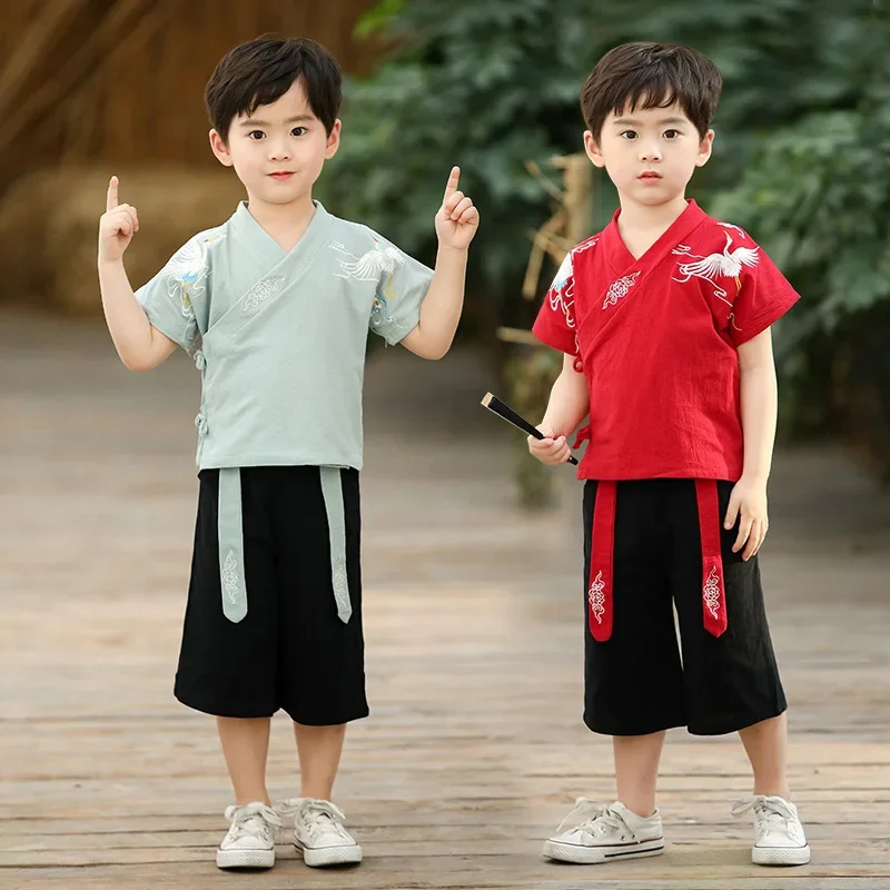 Chinese Traditional Tang Suit Boys Improved Cotton Hemp Crane Embroidery Short Sleeve Shirt Cropped Pants Casual Children Hanfu