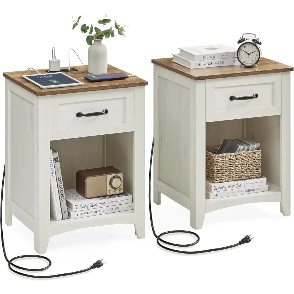 

Nightstands with Charging Station, Set of 2, Bedside Tables with Drawer, Open Compartment, Side Tables with Storage, for Bedroom