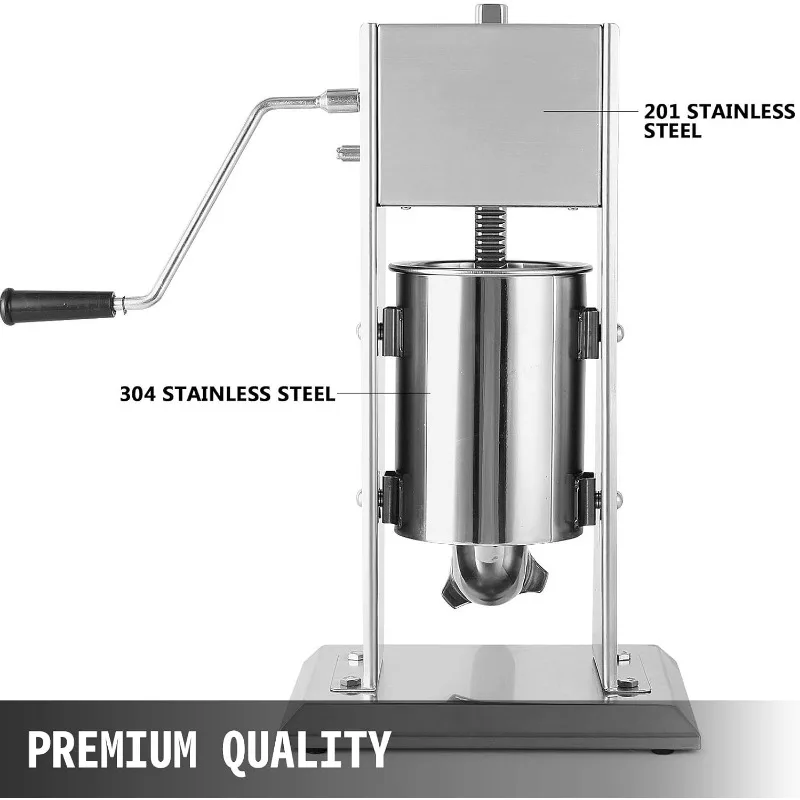 Manual Sausage Stuffer Maker 7L Capacity Two Speed Vertical Meat Filler Stainless Steel with 5 Stuffing Nozzles,