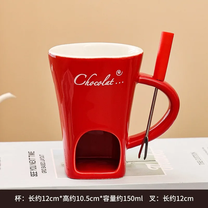 Cute Ceramic Chocolate Melting Mug Fondue Cup with Fork Mini Warmer Pot for Dessert Candy Cheese Gift