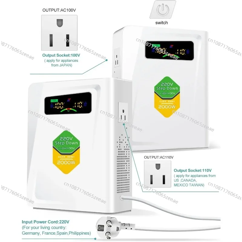 Step Down Transformer 220v To 110v Voltage Converter 2000w No Noise Ten Protection Functions Suit for Juicer