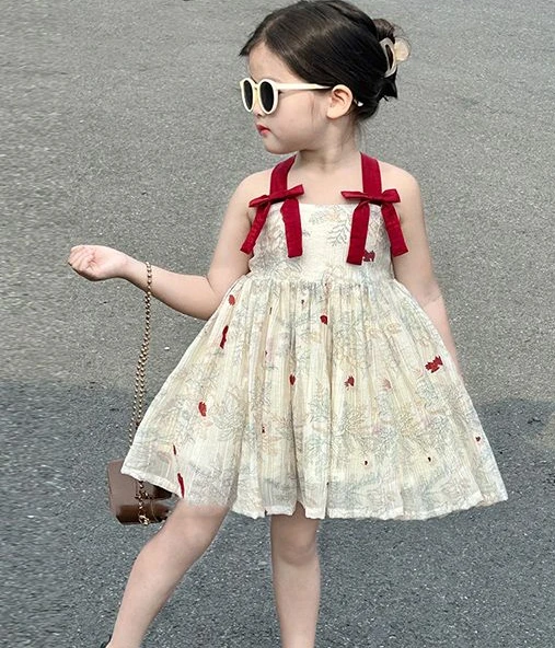 Korean Childrens Clothing 2024 New Girls Dress Summer Fashion Bow Floral Skirt Kids Dresses for Girls