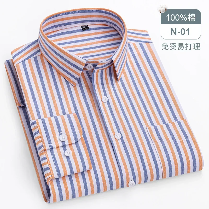 Quality 100%Pure Cotton Men Long Sleeve Social Shirt for Oxford Shirt Men Plaid Striped Work Casual Pocket Shirts S- 7XL 8XL