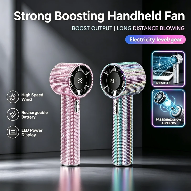 Encrusted Mini Handheld Electric Fan, USB-C Rechargeable Quiet Turbo Fan, Elegant Summer Gift Box for Women, Travel Essentials