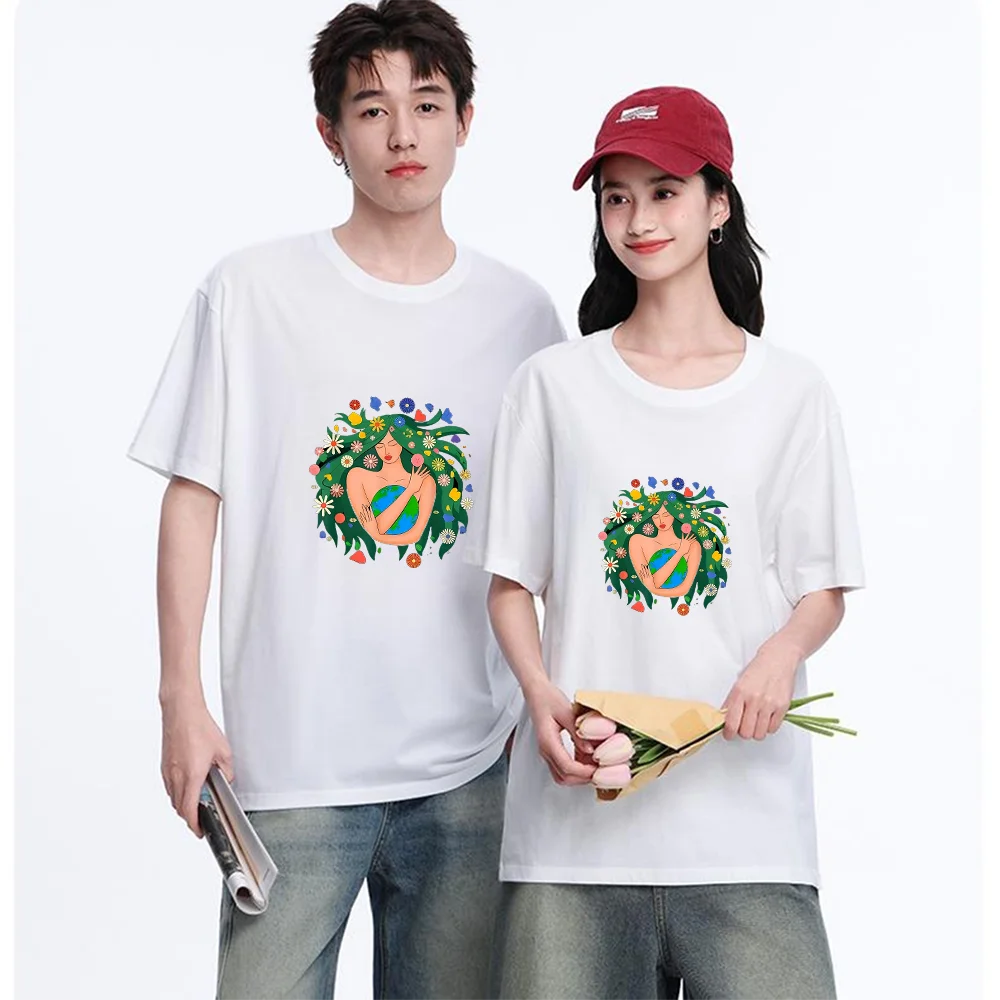 Earth Mother With Floral Hair Printed T Shirt Breathable Fabric S-XXL Personalized Custom Aesthetic Graphic Top Unisex Fit Casua