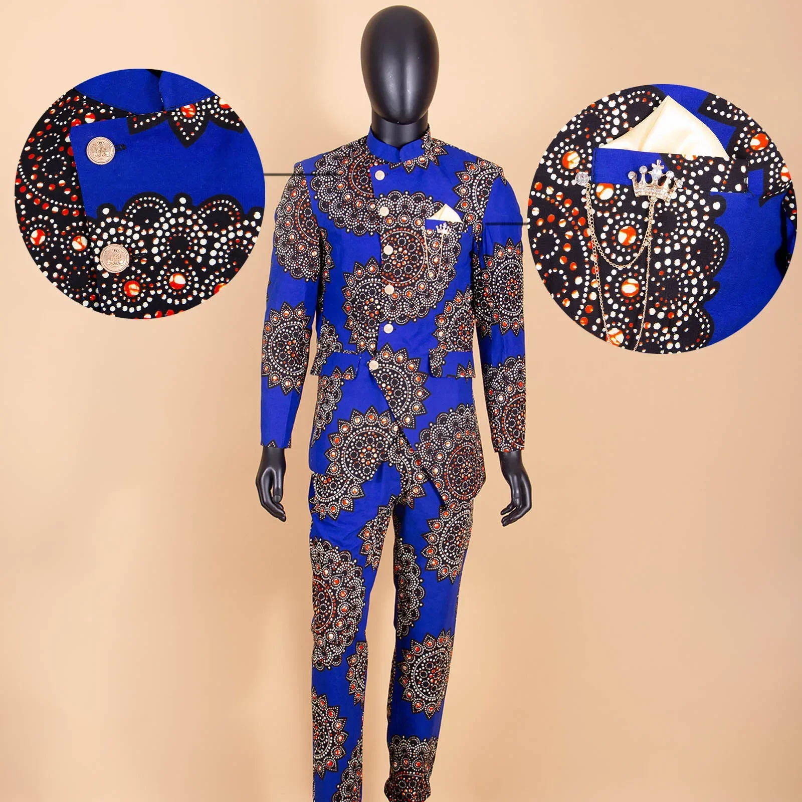 African Suit for Men Dashiki Chain Jacket and Ankara Pants 2 Piece Set Print Outfits Slim Fit African Clothes Blazer A2216018