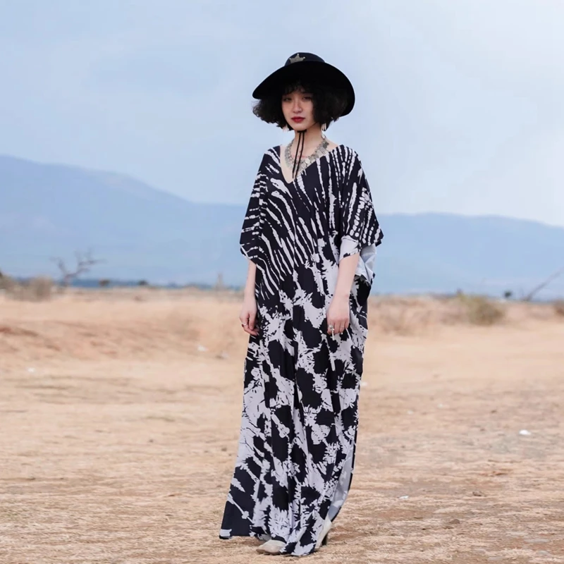 Effortlessly Chic Black Tie Dye Kaftan Dresses Flowy Caftan Maxi Dress Boho Wild Rock Stylish Robe Relaxed Women Beach Cover Ups