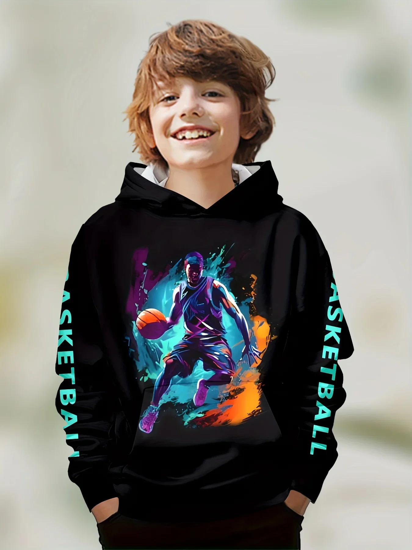 

Boys' 3D Printed Basketball Hoodie Polyester Pullover with Pocket Spring/Autumn Sports Sweatshirt Fit for Kids Comfortable Wear