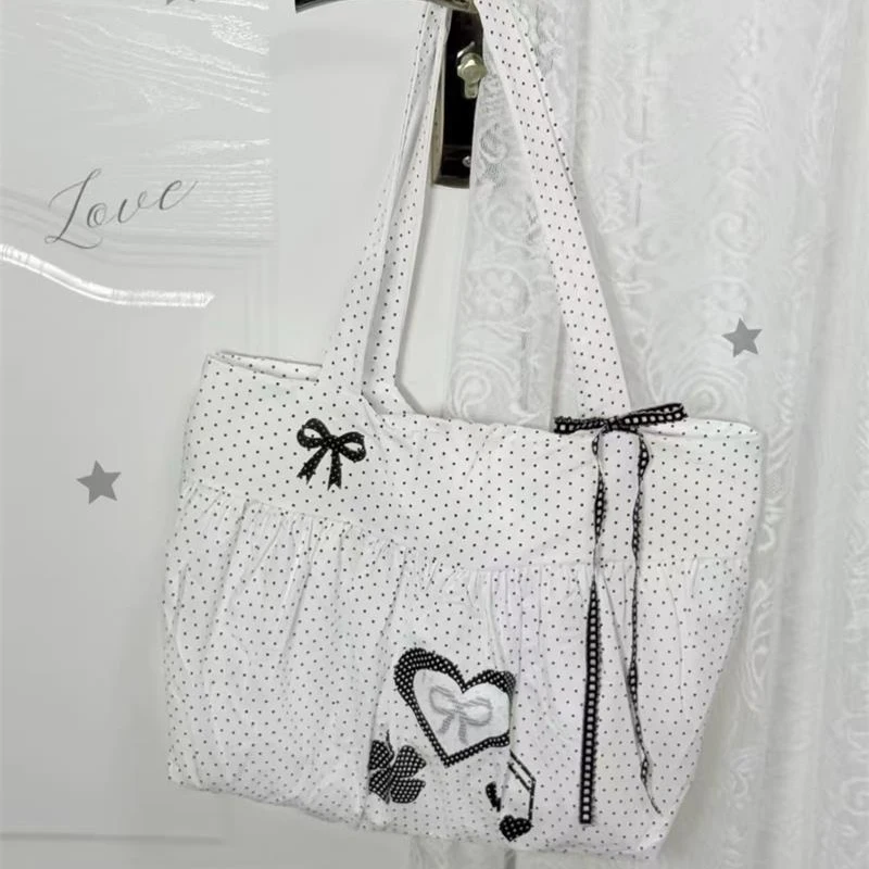 Koreanische Polka Dot Umhängetasche Damen Nylon Einkaufstasche Niedliche Schleife Love Note Bedruckte Einkaufstasche Rock Design Magnetschnalle Achseltasche – Detail 7