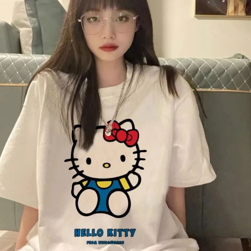 Summer Sanrio Hello Kitty Kuromi Cinnamoroll T-Shirts Tee Tshirt Kawaii Clothes For Women Y2k Girls Anime Female Family Clothing