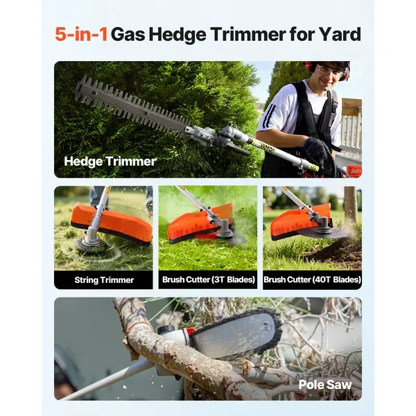 Gas Hedge Trimmer, 2 Cycle Gas Power Handheld Hedge Trimmer, 5-in-1 63cc Cordless Weed Eater with Protective Gear Set, Includes