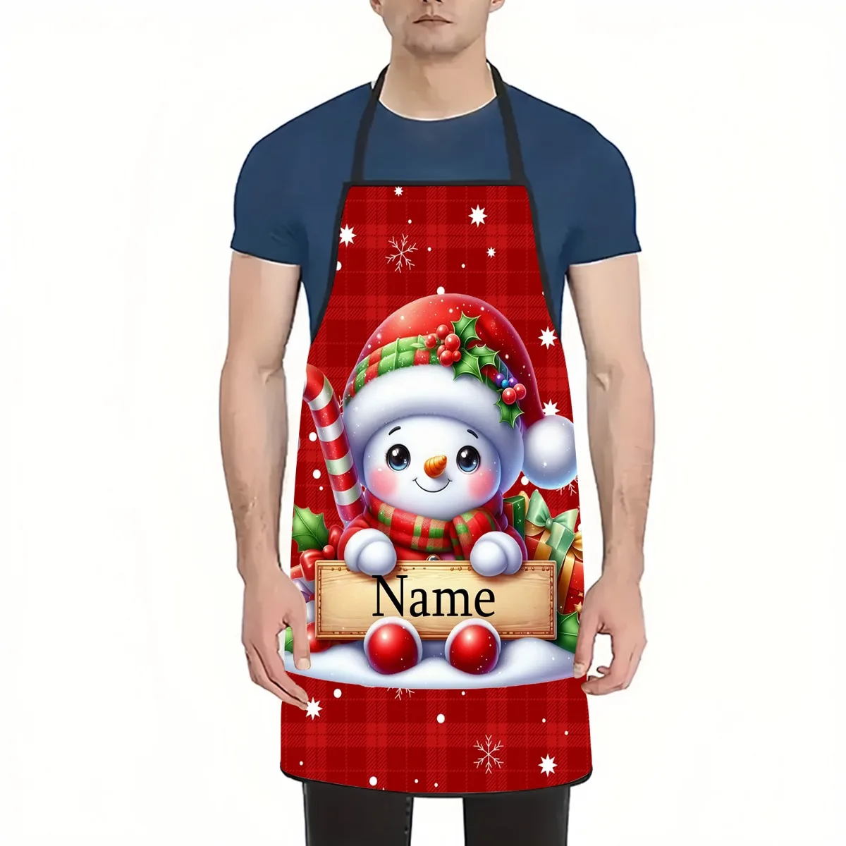 1pc 2D Flat Custom Text, Name, Christmas Snowman Pattern Printed Sleeveless Apron Home Kitchen Cape Cooking Waist Apron Neck Sca