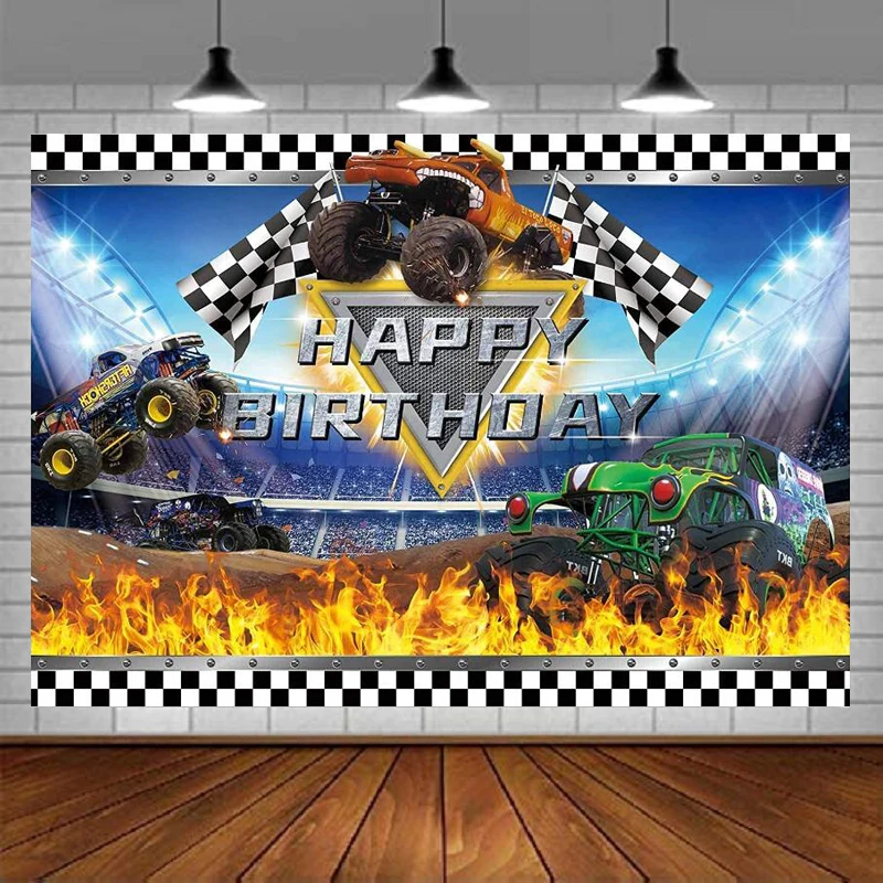 

Photography Backdrop Cartoon Monster Truck Photo Background Machines Childrens Birthday Party Supplies Baby Shower Banner Decor