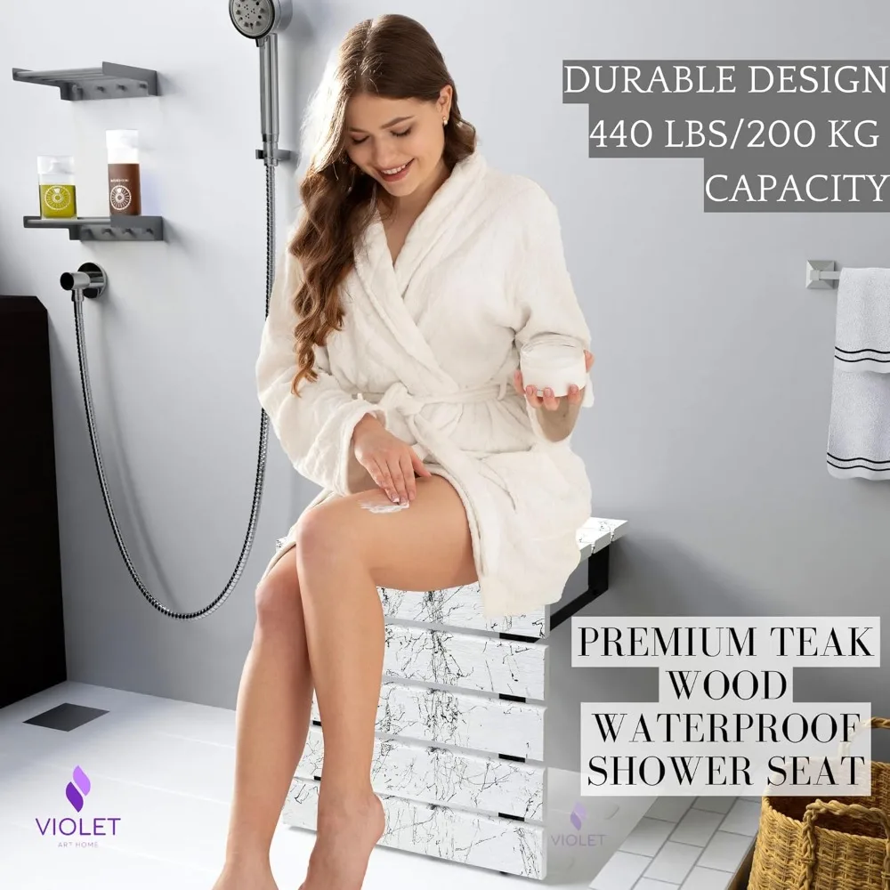 Folding Wall Mounted Handmade Patterned Teak Wood Shower Seat with Legs, ADA Compliant Durable Bath Bench, Sturdy Space-Saving