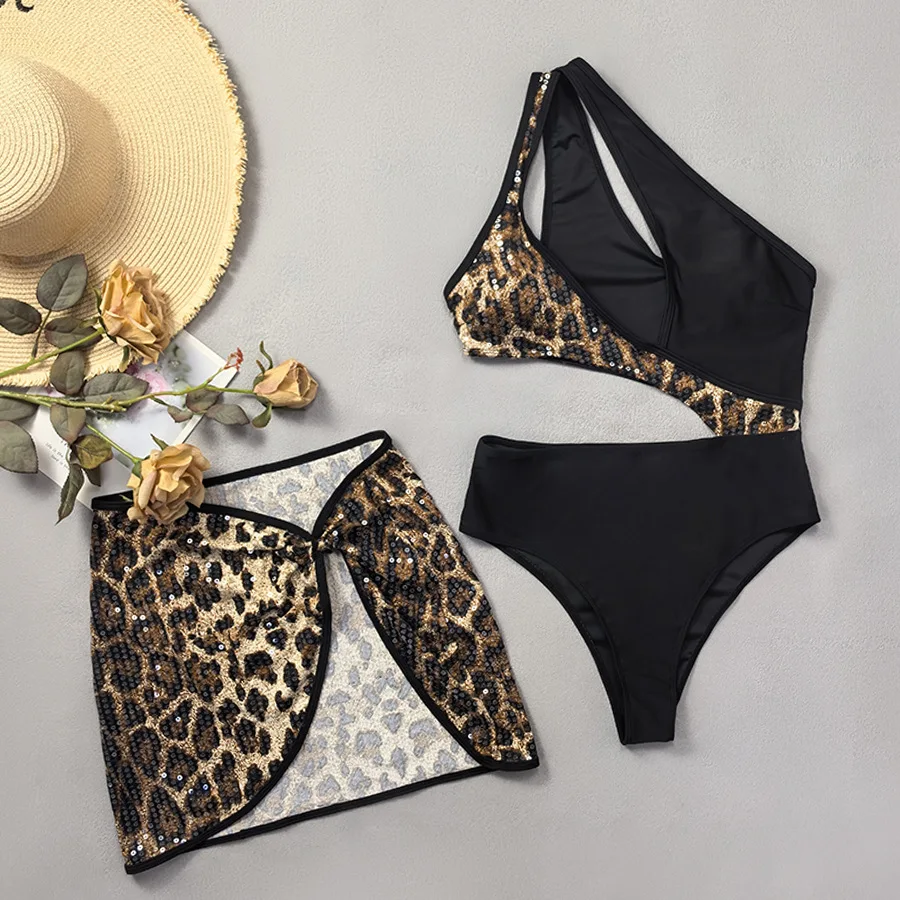 sexy leopard sequine patchwork swimsuits two pieces one shoulder hollow out bodysuits with split mini skirt women bathing suits