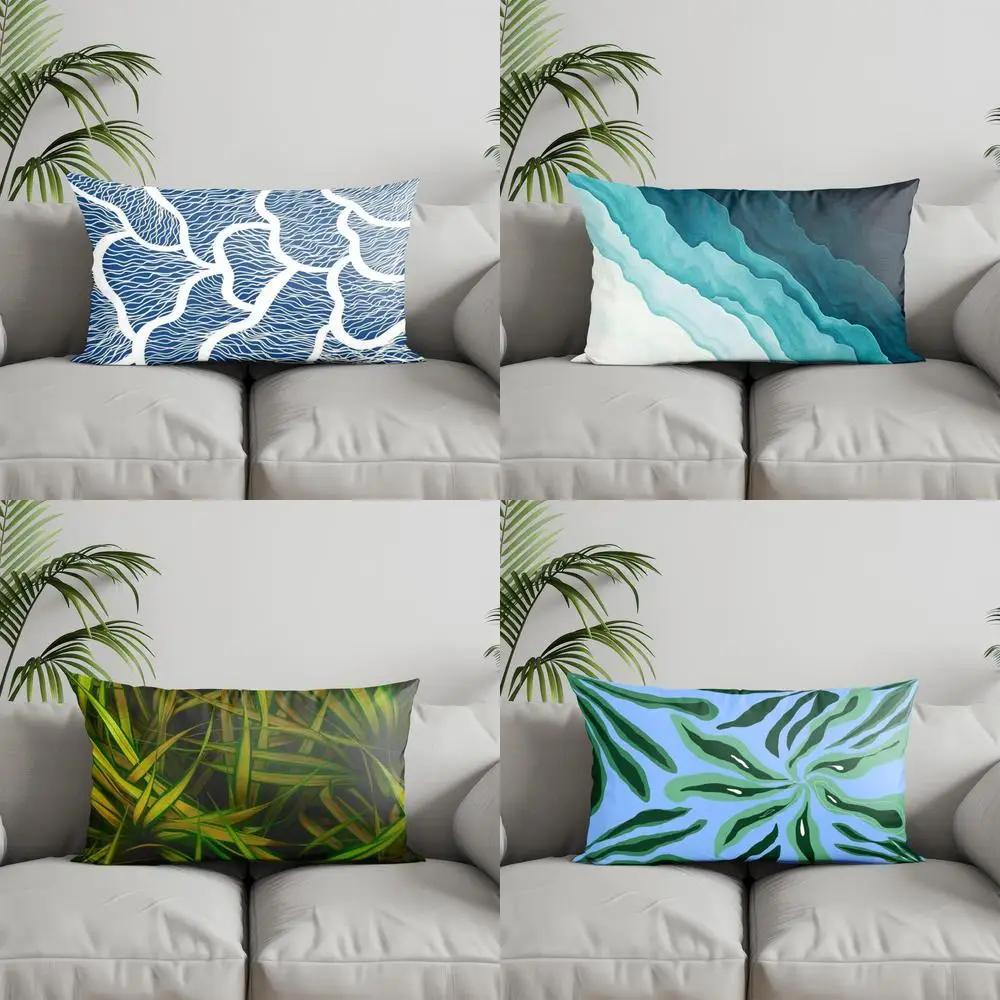 Home Decor Ocean Waves & Tropical Leaves Suitable For Sofa Bedroom Car Pillow Cover Cushion Rectangular Back Cushion