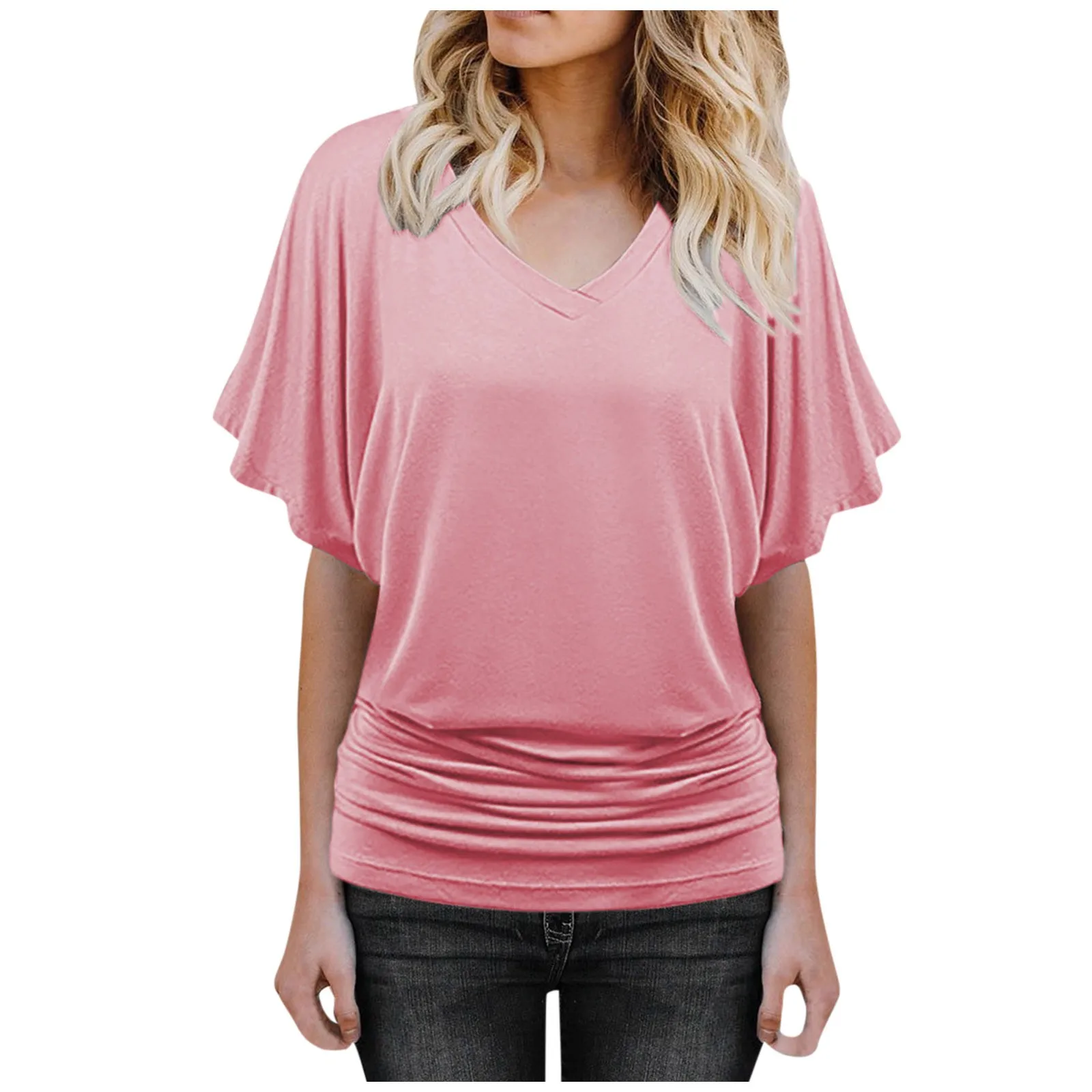 Soft Pleated Summer Bating Short Sleeved V-neck Solid Color T-Shirt Fashionable Classic Soft And Comfortable Daily Top For Lady