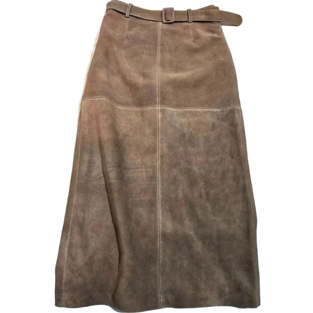 Retro dames effen kleur echt leer suède lange rokken 88cm hoge taille riem schapenvacht handgemaakte knielengte rok vintage - afbeelding 2