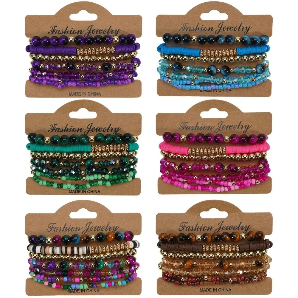 7 PC/Set New Bohemian Beads Bracelet Set Handmade Elastic Rope Stackable Bangles Set Stretch Chain Colorful Hand Chain Gifts