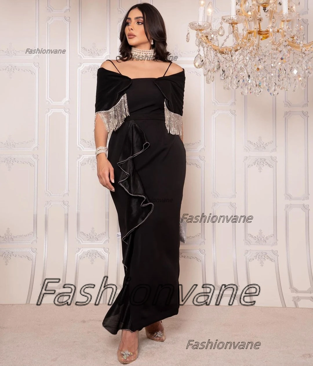 Fashionvane-Vestidos de baile preto, Arábia Saudita, festa de casamento, roupas femininas, borlas, fora do ombro, vestidos formais de noite