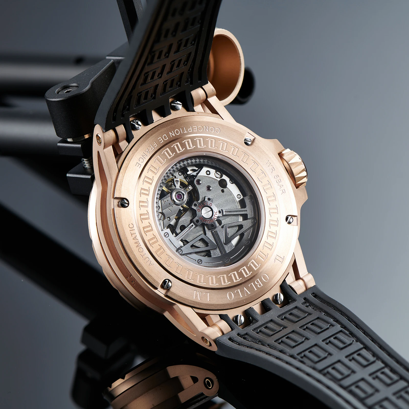 OBLVLO Sport Skeleton Automatic Mechanical Watches for Men Self-Wind Rubber Strap Sapphire Waterproof Rose Gold Clock LM