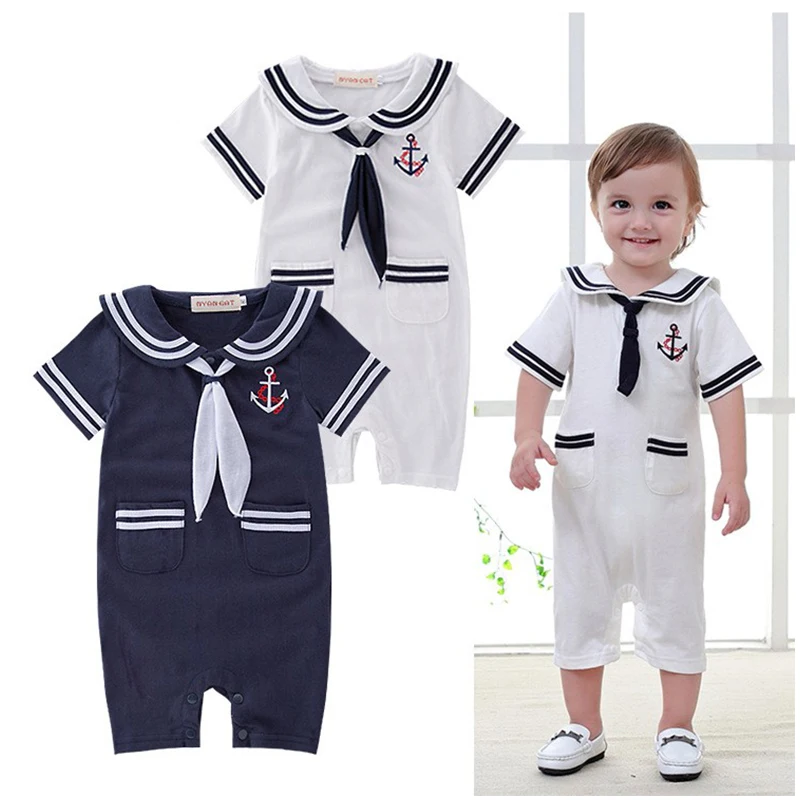 

Navy style Baby Children's Clothes boys and girls Summer clothes Short sleeve rompers scarf lapel jumpsuit/climbing suit