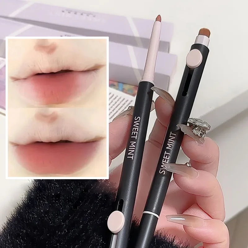 Lip Liner Pencil with Brush Double Sided Matte Nude Contour Lipstick Pen Waterproof Lasting Outline Lips Shape Korean Cosmetics