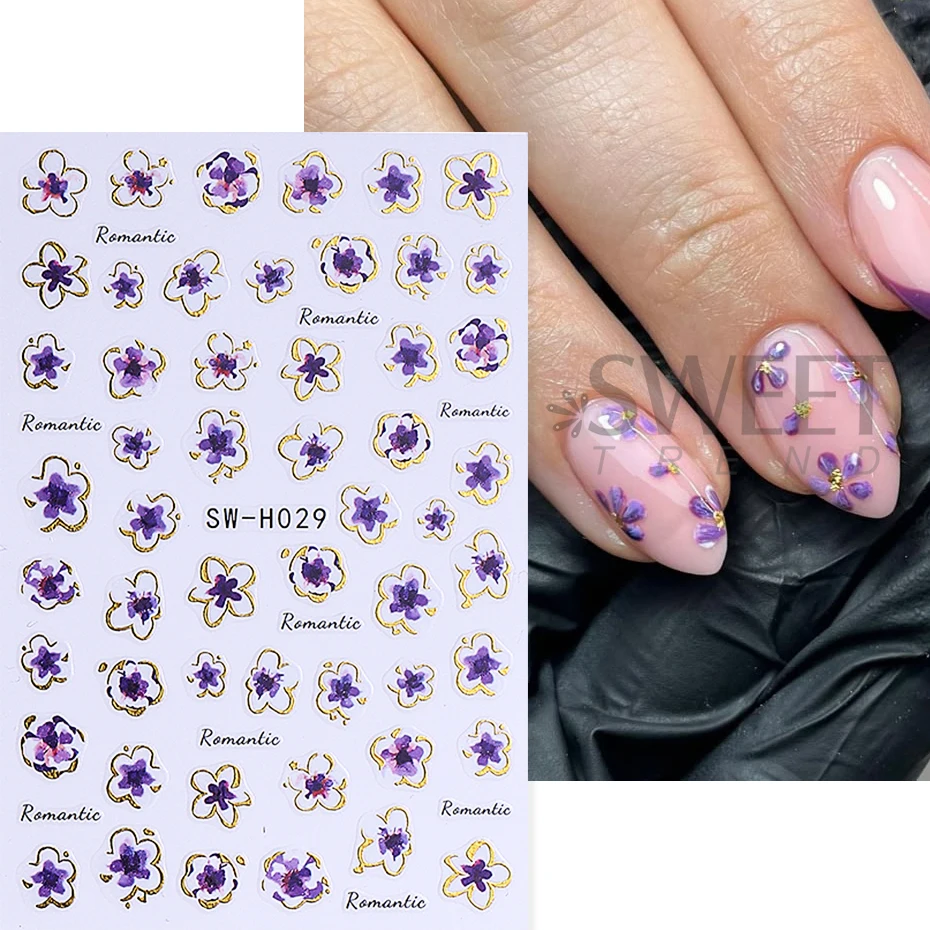 2/3pcs Golden Pink Hibiscus Flower Nail Stickers 3D Bronzing Border Petals Sakura Line Sliders Nail Decals DIY Manicure Decor image 3