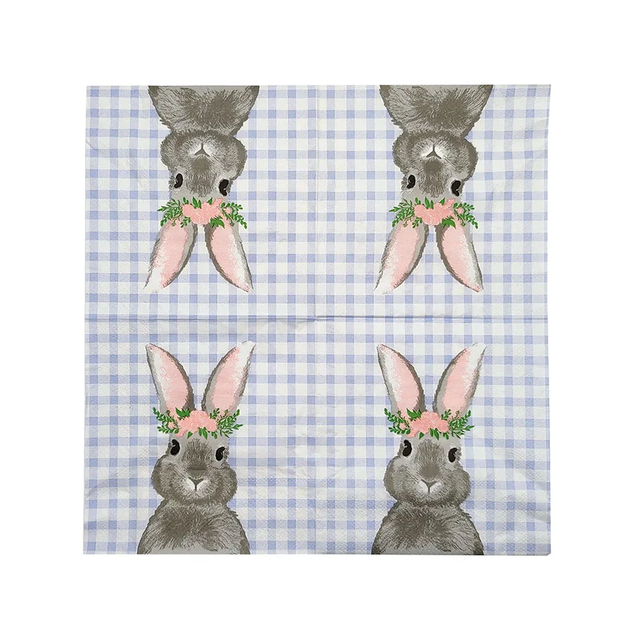 20pcs Pastel Bunny Floral Paper Napkins - 25x25cm 2-Ply Soft, Square Placemats with Grey Rabbit, Pink Flowers
