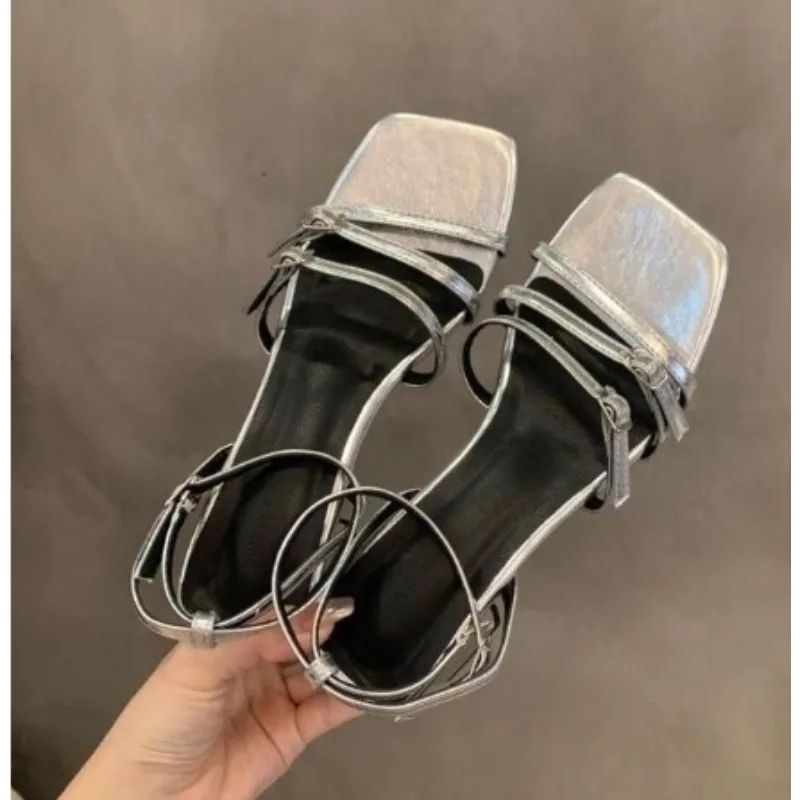 

New Fashion Ankle Buckle Women Thin Heels Sandals Shoes Female Square Toe Footwear Shallow Ladies High Heels Sandals Shoes Pumps