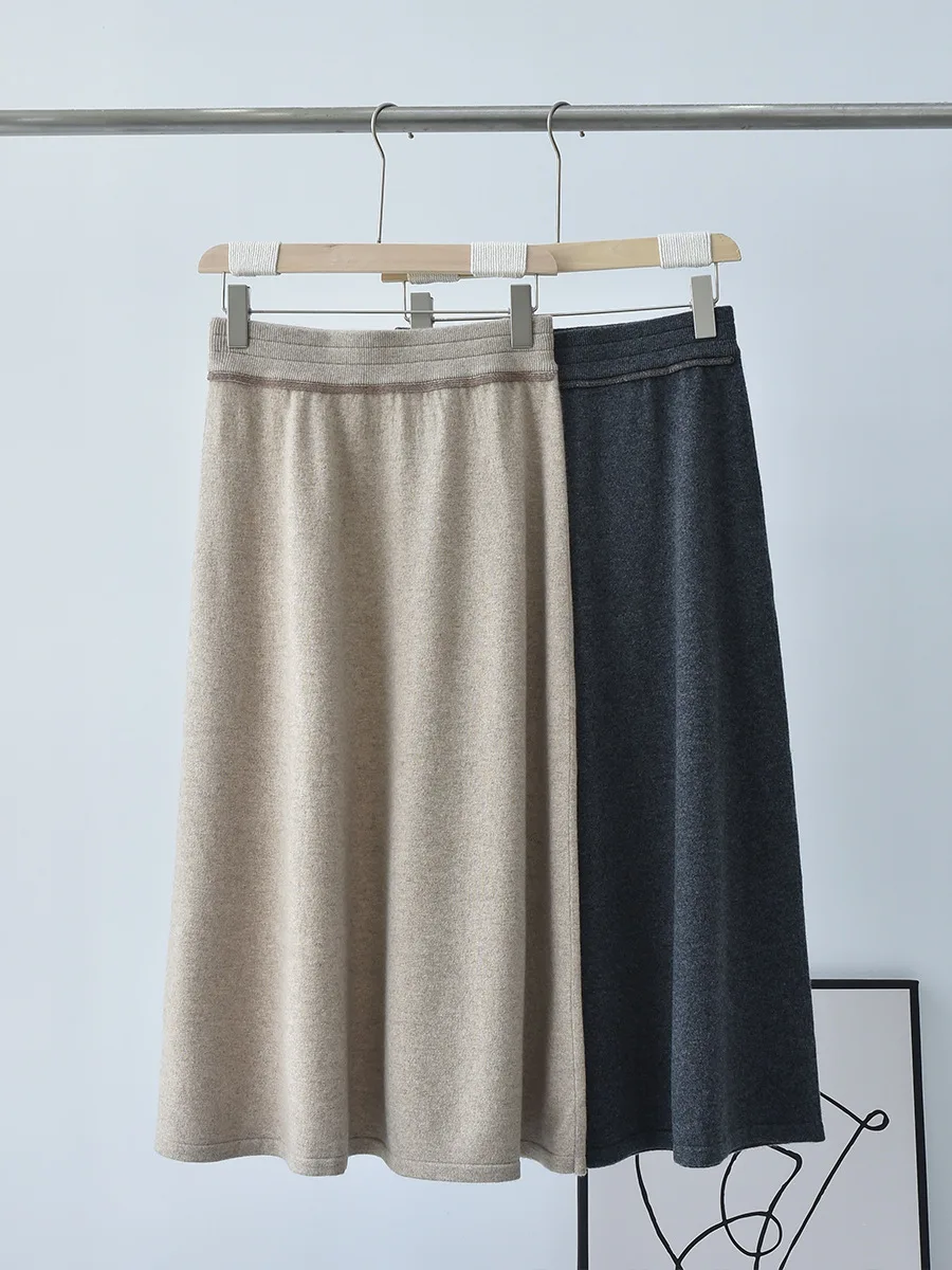 Women\'s Pure Cashmere Skirt, High Waist, Slim, Bead, Chain Splicing, Mid-Length, A-Line, Female, Autumn, New