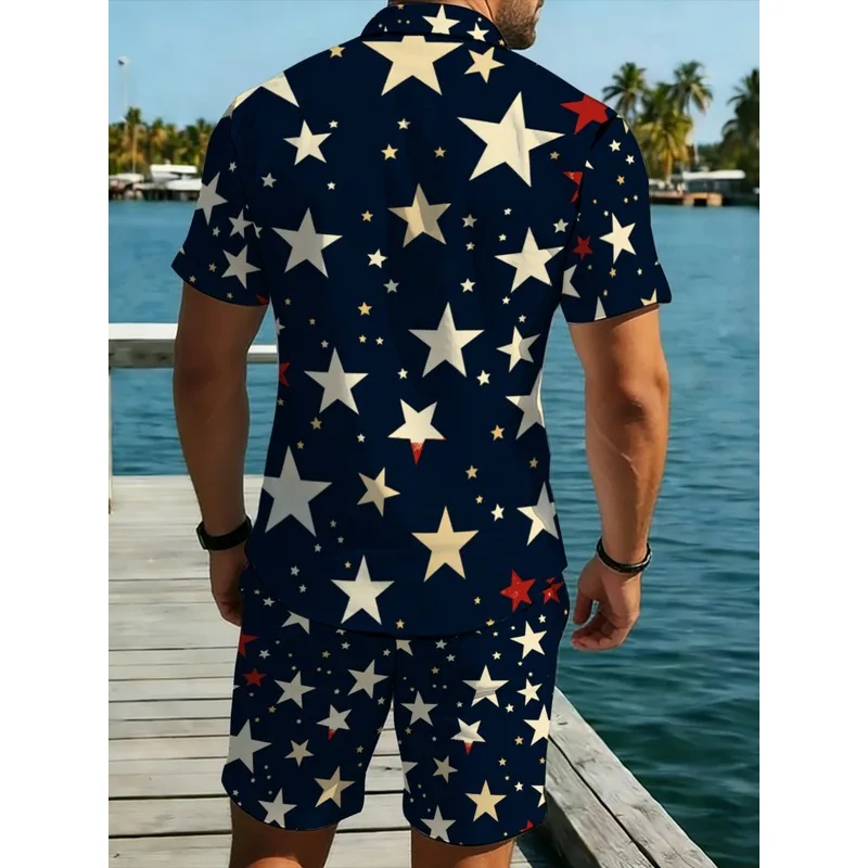 Men's Printed Star Navy Blue White Red Star Lightweight Polyester Beach Outdoor Home Shirt & Pants Set view 2
