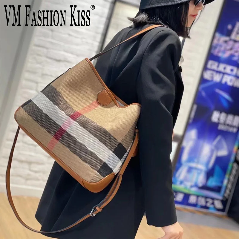 Vm moda kisds 2022 nova lona + bolsas de couro das mulheres do plutônio luxo xadrez totes bolsas de lona alta qualidade bolsas de ombro