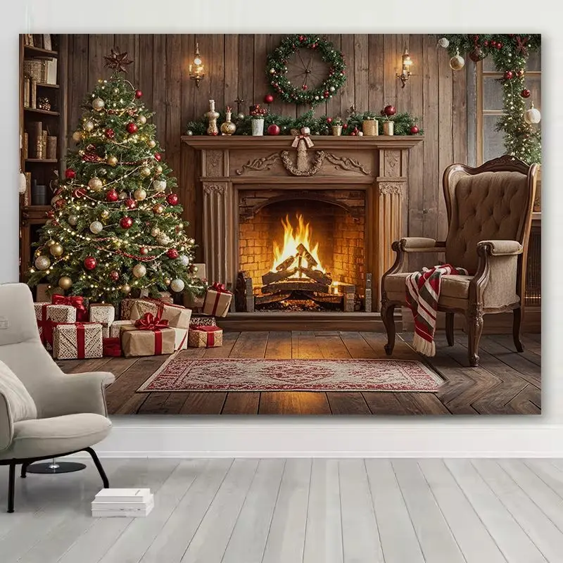VIKAMA Christmas Fireplace Double Tree Wall Tapestry Mantel Wreath Stocking Gift Box Snow Flame Cozy Holiday Festive Decor Soft