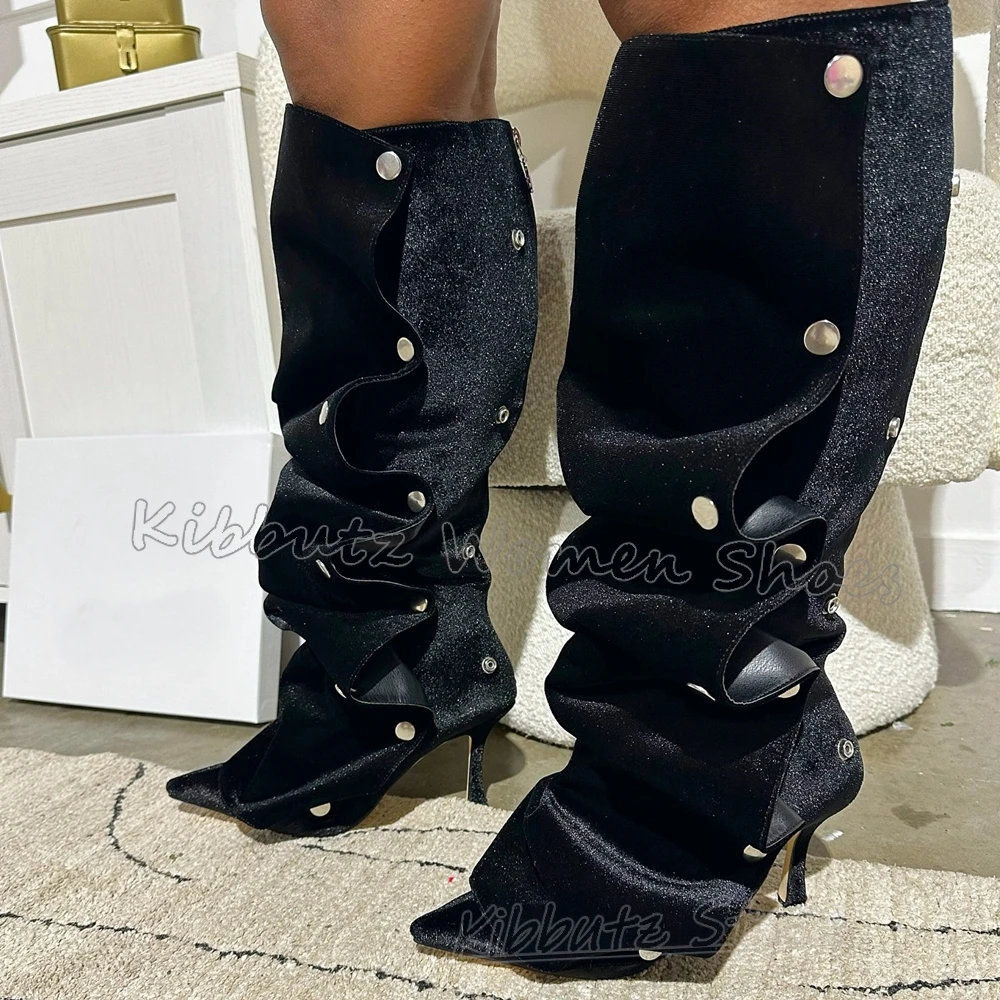 

Pleated Knee High Boots Leather Suede Button Solid Color Fashion Luxury Elegant Comfortable Sexy Novelty Spicy Girl Shoes Newest