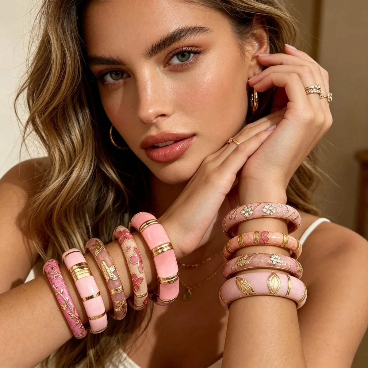 Vintage Pink-Serie Emaille-Manschettenarmbänder für Damen und Herren, Modisches Weichrosa Block-Muster mit Gedrehten Blättern, Blumen und Sternen, Armreif-Schmuck – Detail 14