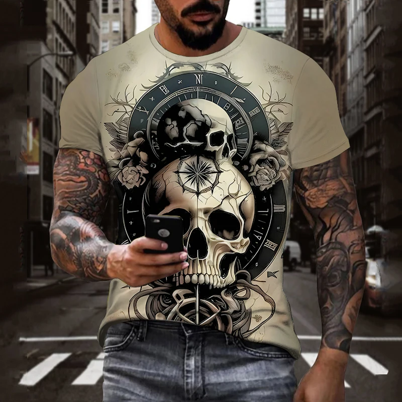 Horror Skull 3D Digital Pattern Print Mens Graphic T-shirts Causal Comfy Tees Short Sleeve Pullover Men Summer Outdoor Clothes