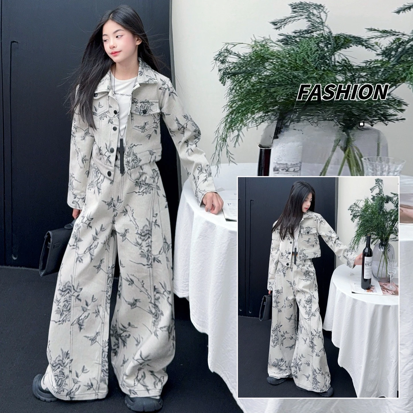 Chic teen girls clothes set ink wash paining denim jacquard lapel coat wide-leg jeans junior kid cowboy pants suit child outfits