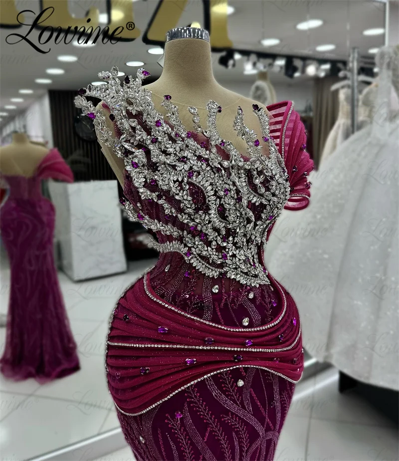 Customized Wine Red Mermaid Prom Dress Luxury Celebrity Dresses 2024 Off The Shoulder Sparkly Crystal Arabic Dubai Evening Gowns