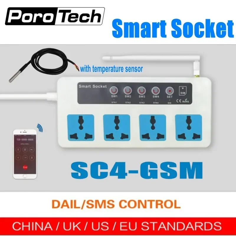 

SC4 SC3 GSM With temperature sensor 4 Outlets GSM SMS Remote Control Wireless Smart Switch Power Plug socket module controller