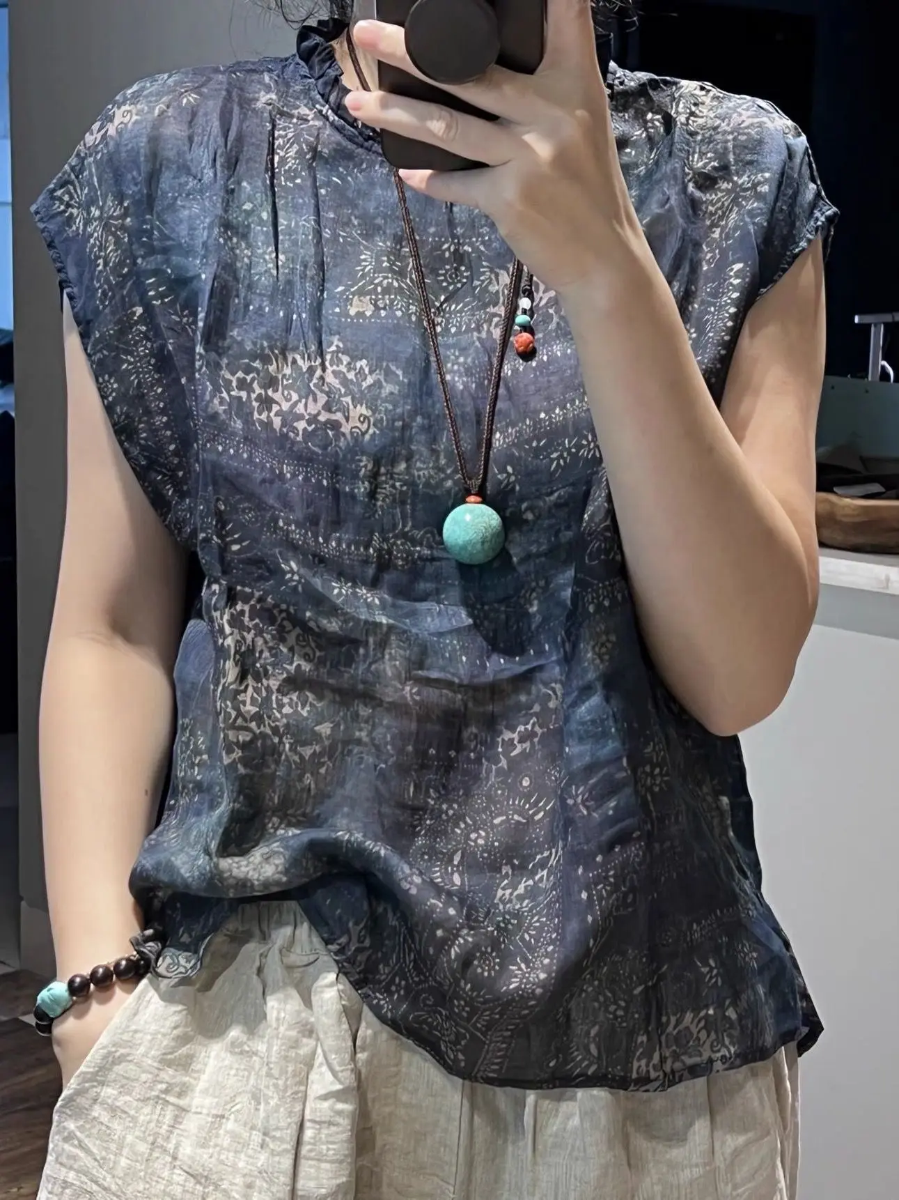 レトロな花柄プリントリネンスウェットシャツ女性夏ルーズスリムカジュアル薄い綿麻小さなトップアッパーアパレル