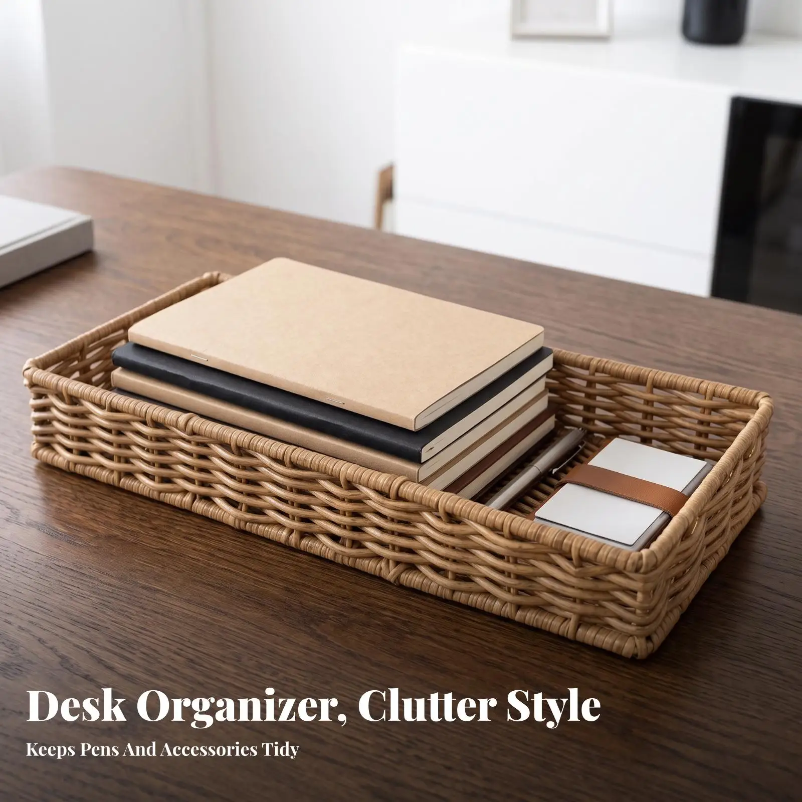 Brown Wicker Organizer Basket Flat Tray Design for Countertop Dining Table Display Bread Fruits Small Items