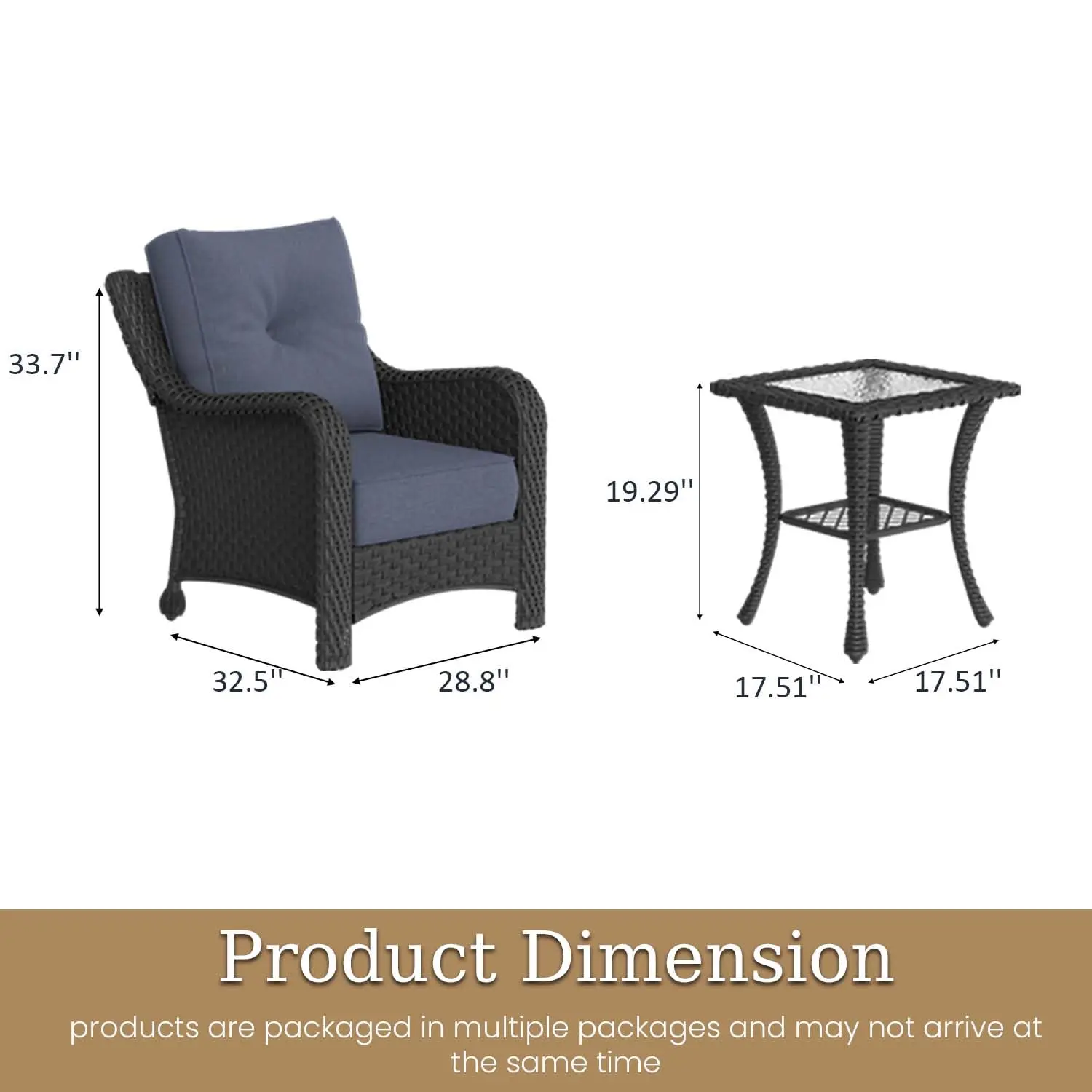 3-Piece Wicker Patio Furniture Set With Rattan Chair & 6-Inch Thick Cushions For Outdoor Conversation, Customized