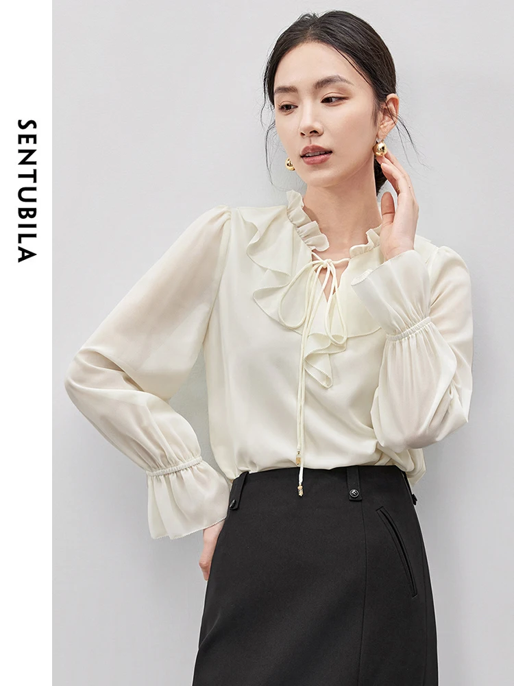 SENTUBILA Ruffled Collar Lace-up Bow Shirts for Women 2024 Autumn Chiffon  New Flared Long Sleeve Top Womans Clothing 143V56020