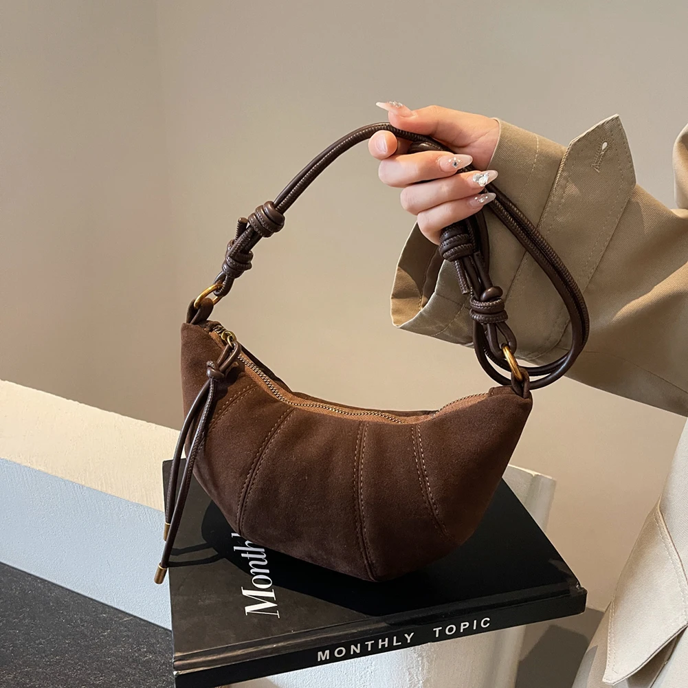 Tas Bahu untuk Wanita dengan Saku Dalam Tas Crescent Tas Selempang Ritsleting Kulit PU Tas Croissant Solid untuk Perjalanan Kerja