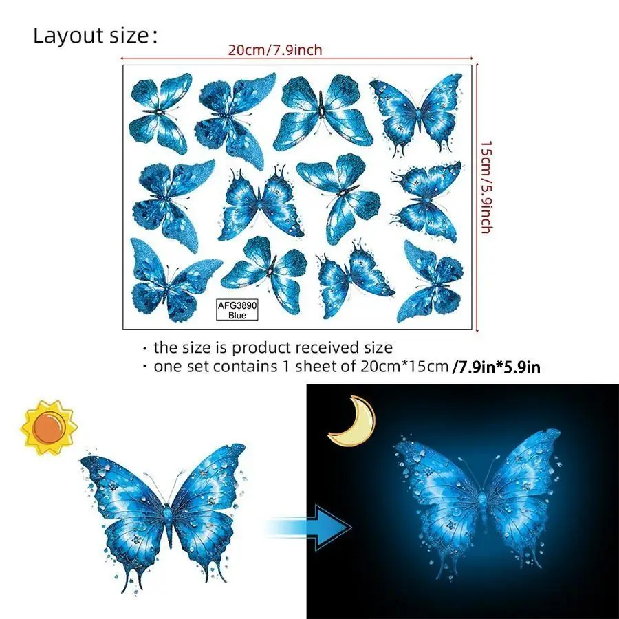12pcs Luminous Butterfly Wall Decals in Sky Blue,Easy to Peel And Stick,Removable,Suitable for Living Rooms,Bedroom And Bathroom