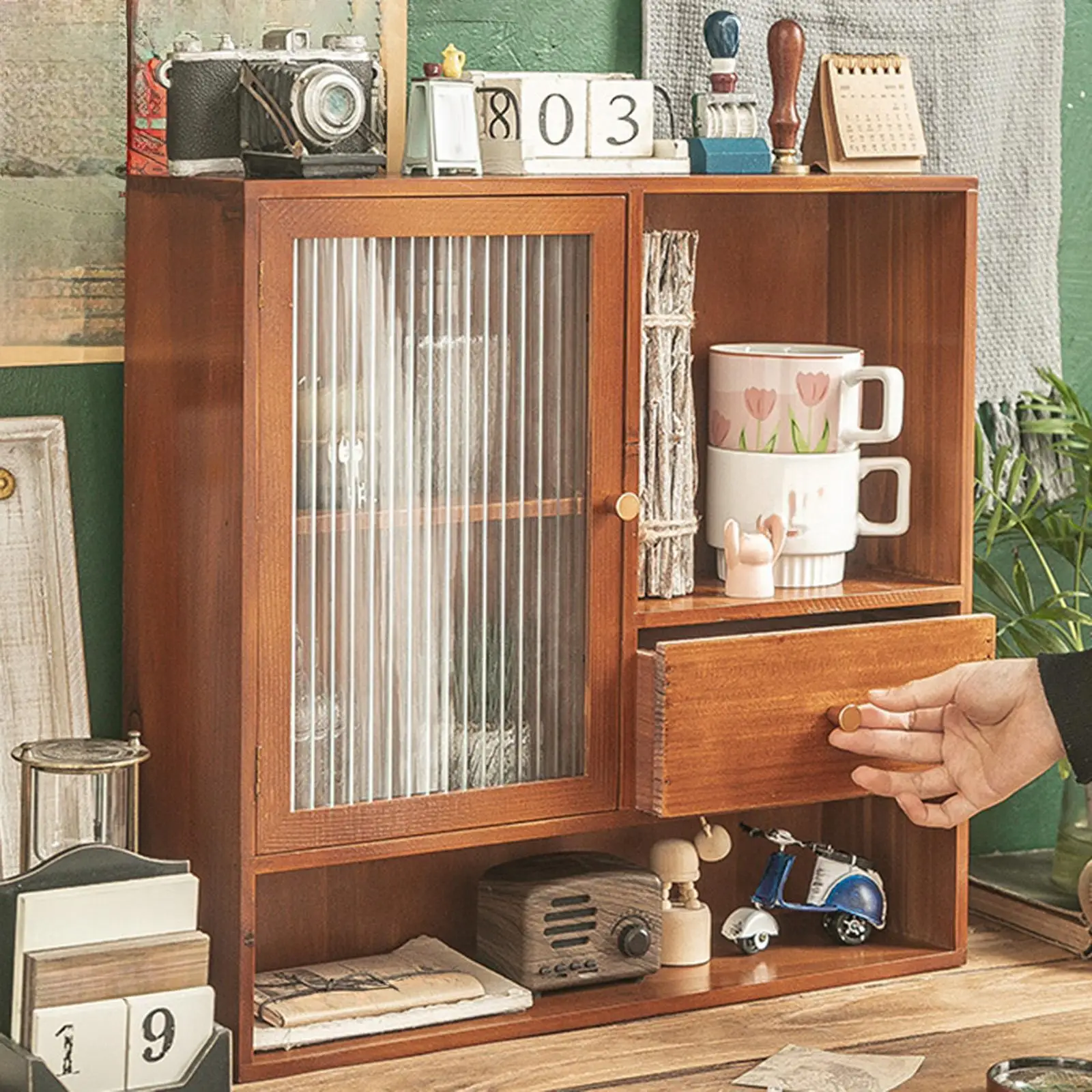 Wooden Makeup Organizer Display Cabinet Retro Design Makeup Tray with Drawer Multi Compartments for Countertop Dresser