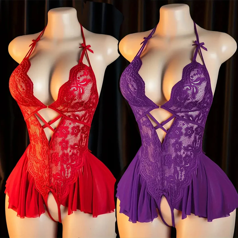 شفافة RedWomen مفتوحة ارتداءها Crotchless مثير إغراء الكبار المثيرة الملابس الداخلية تيدي بدلة للجسم منامة الخامس الرقبة ملابس داخلية ساخنة #1